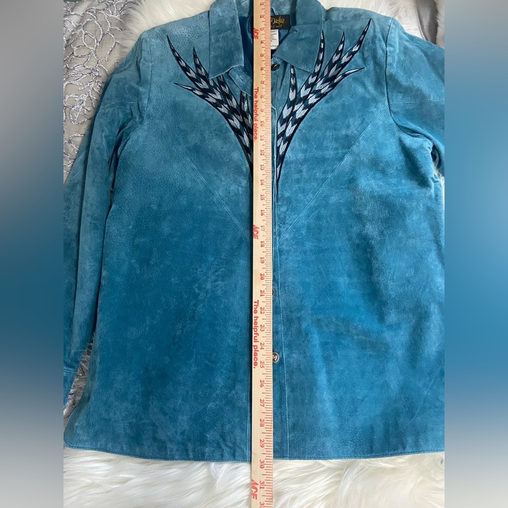 Bob Mackie Wearable Art Sz M Teal Suede Leather Women's Blazer - Picture 8 of 11